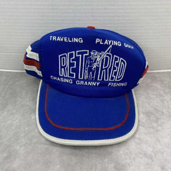 Vintage Three Stripe Retired Trucker Hat Adult Blue Retro 80s Fishing Golf Mesh - Picture 1 of 11